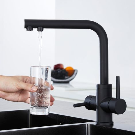 Robinet de cuisine 3 voies - Noir - Pivotant à 360° - Mitigeur de cuisine 3 en 1 - Pour filtre à eau - Robinet d'eau potable avec 2 leviers - Robinet à trois voies - Noir mat