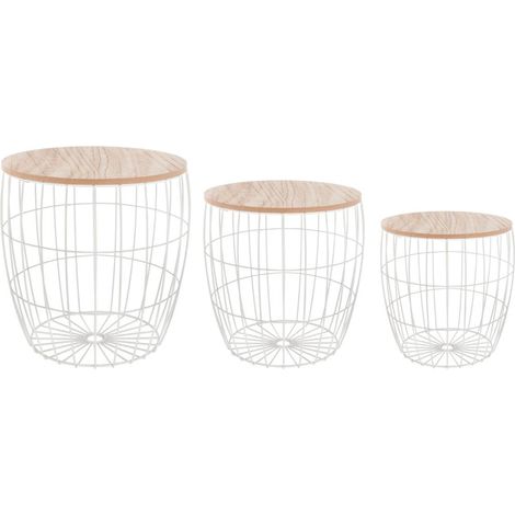 Atmosphera – Lot de 3 tables basses empilables en MDF et acier – Surface mélamine chêne – Diamètres 30,5/38/40,5 cm – Hauteurs 31,5/39/41 cm