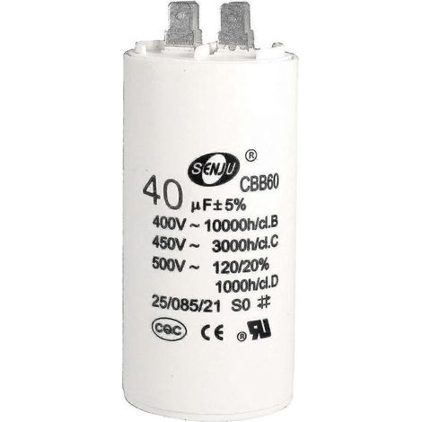 Condensateur 40 µF 450 V CA à double prise 50/60 Hz, cylindrique 94 x 45 mm, blanc, pour compresseur d'air, pompe à eau et moteur