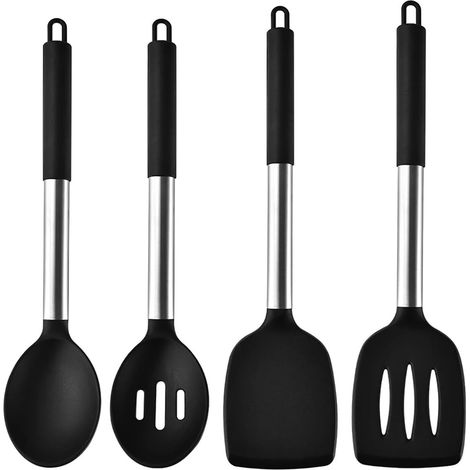 Juego de 4 utensilios de cocina de silicona, espátula de acero inoxidable, cucharón, pinza, herramientas de cocina para el hogar (juego negro de 4 piezas) (1/3)