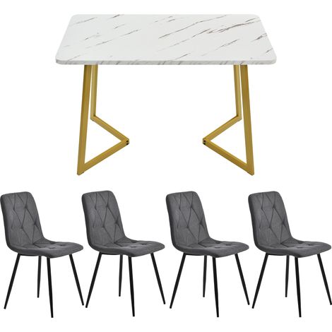 Ensemble repas (set, table à manger 117×68 cm avec 4 chaises), table à manger rectangulaire, ensemble de table de cuisine moderne, chaise de salle à manger en tissu de lin twill gris foncé, pieds de t (1/5)