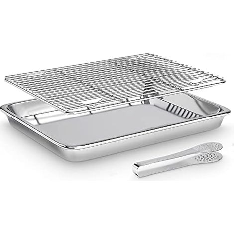 Plaque de cuisson rectangulaire en acier inoxydable avec grille de refroidissement et pinces de cuisine, pour cookies et pizza, 40 x 30 x 2,5 cm (1/4)
