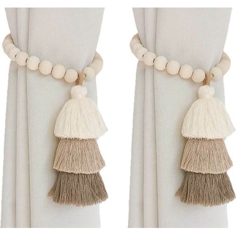 2 attaches de rideau magnétiques, pompons et perles en bois, style bohème, pour chambre d'enfant (1/5)