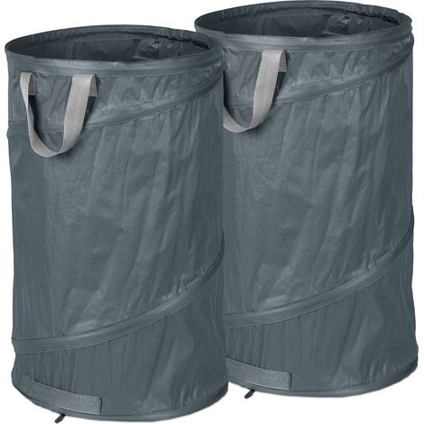 Relaxdays Laubsack selbstaufstellend, 2er Set, 120 L, Pop Up Gartensack mit 3 Griffen, UV-beständig, wasserdicht, grau