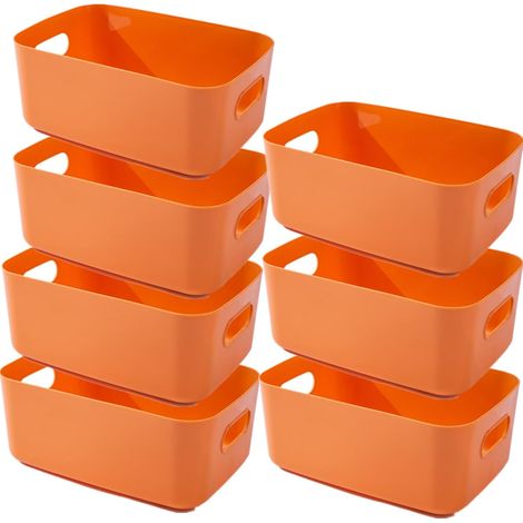 Lot de 7 paniers de rangement en plastique avec poignées - 25 × 18 × 10 cm - Organiseur pour armoire de cuisine de salle de bain - Panier de rangement pour cuisine, salle de bain, jouets (orange)