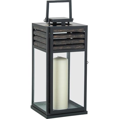 Lanterne Porte-Bougie en métal pour Sol ou Table Noir et Bois 20 x 21 x 44 cm (1/5)