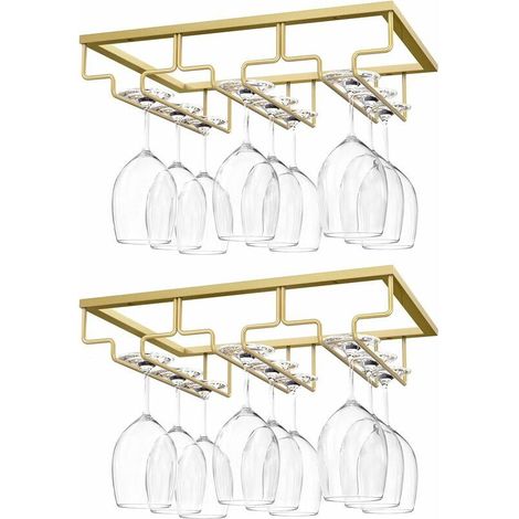 Soporte colgante para copas, [2 piezas] Soporte colgante para copas de vino con 3 rieles para debajo de estantes, vitrinas, cromado para colgar en la pared, cocina o bar - Dorado (1/5)