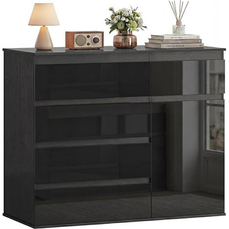 Buffet de rangement moderne noir brillant, équipé de 5 tiroirs, d'une étagère réglable et d'une porte à fermeture douce (1/5)