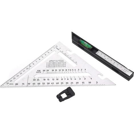 Équerre de menuiserie 7 pouces, règle triangulaire double échelle avec niveau à bulle, outil de mesure d'angle pour charpentier (1/5)