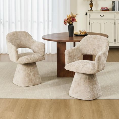 Wahson Esszimmersthl 2er Set aus Chenille, Moderner Drehstuhl mit Ausschnitt-Lehne, Polsterstuhl mit Armlehnen, Beige