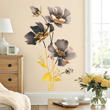 Grands Stickers Muraux Fleurs Noires et Dorées pour Chambre Adulte (1/4)