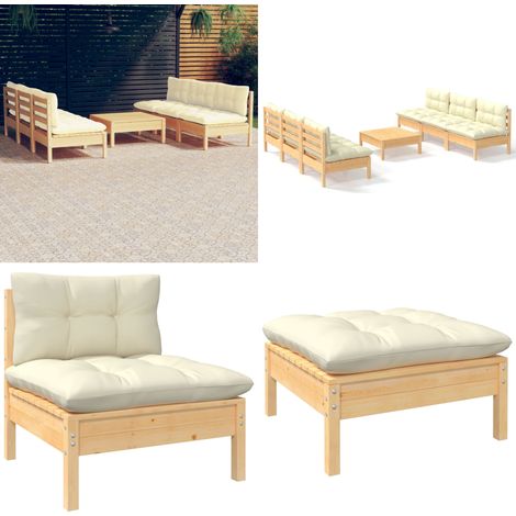 Salon de jardin 7 pcs avec coussins crème bois de pin - Salon De Jardin - Mobilier De Jardin - Ensemble De Jardin - Meubles De Terrasse - Chaise Longue - Home & Living (1/5)