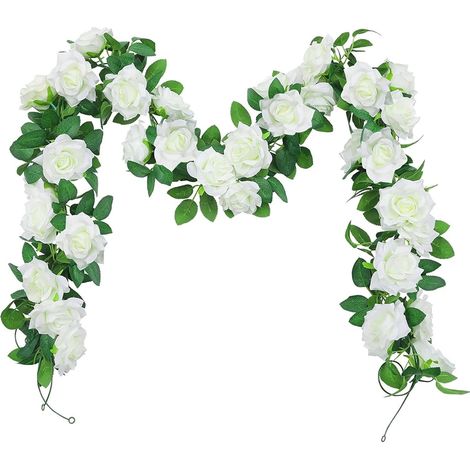 Decorative Artificial Flower Garland, 3 x 2.4 m Vine Garland  Artificial Flowers with 27 Roses for Garden, Arch, Wedding and Party Decoration (White) (1/5)