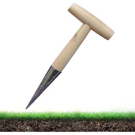 Herramientas de madera para plantar bulbos con calibración y mango de madera, herramientas de jardinería tradicionales, dispensador de semillas para plantar en el jardín. (1/5)