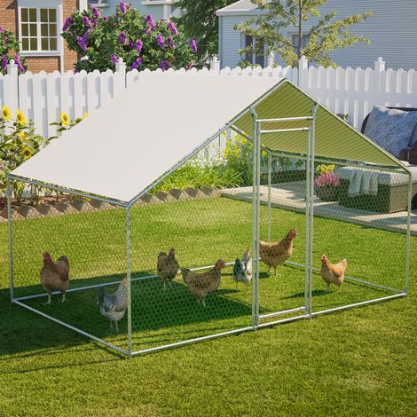 Poulailler en métal 3x2x2 m, enclos poulailler avec porte sécurisée et bâche imperméable PE anti-UV, parc à volailles pour poules, lapins et petits animaux (1/5)