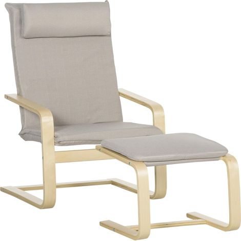 Fauteuil de relaxation avec pouf repose-pieds en bois et tissu et appui-tête, 67x69x100 cm, Gris