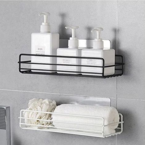 Étagère Murale - Fer - 27 x 12 x 5 cm - Salle De Bain Cuisine Chambre - Sans Perçage - Noir Blanc - 2 Pièces (1/4)