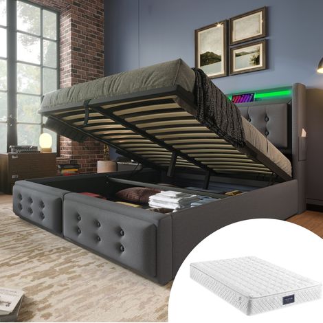 MEUBLIV Lit 160x200 cm gris – LED, USB-C et rangement, avec matelas (1/5)