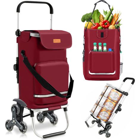 Chariot de Courses 3 Roues Monte Escalier Pliable 3 en 1, Caddie Isotherme avec Sac Amovible, Diable et Trolley, Grande Capacité, Léger et Solide, Idéal Courses et Seniors – Rouge (1/5)