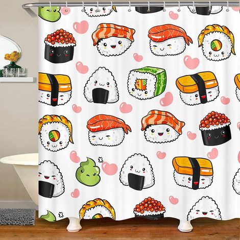 Rideau de douche mignon en forme de sushi pour enfants, garçons et filles, rideau de salle de bain décoratif japonais kawaii avec de jolis sushis et un cœur rose (1/3)
