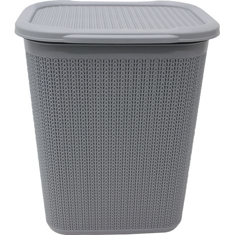 Knit Design Loop Plastic Rectangular Lidded Washing Laundry Basket, Grey (1/3)