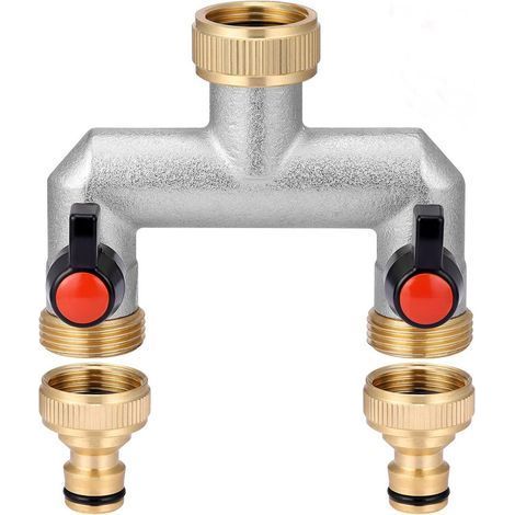 Robinet Double Sortie 2 Voies en Laiton. pour 2 Appareils/Tuyaux D'arrosage. Distributeur d'eau 2 Voies 3/4" avec Robinet à Bille pour Régler et Couper Le Débit d'eau (1/5)
