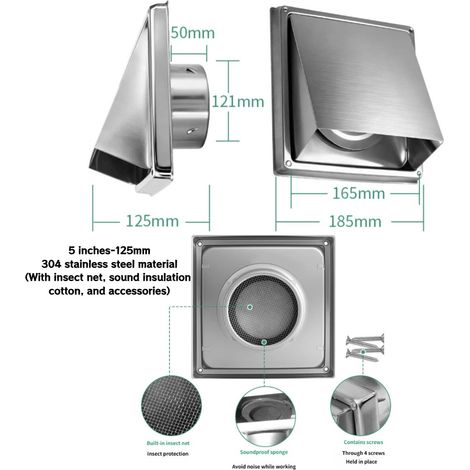 Grille d'aération en acier inoxydable 304 de 125 mm, grille d'évacuation d'air, avec clapet anti-retour intégré, moustiquaire et ouate insonorisante (1/5)