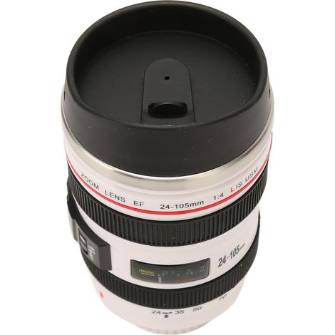 Mug de voyage en acier inoxydable avec couvercle, intérieur blanc, motif objectif d'appareil photo. Idéal pour les photographes. (1/5)