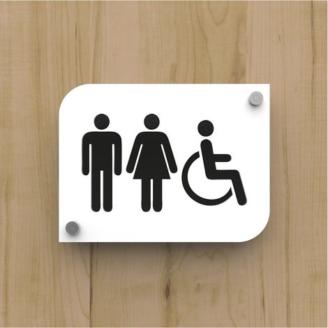 Pictogramme toilettes PMMA - Plaque porte design blanc personnalisable - 20x15 cm, 2 plaques superposées, fixation inox 13 mm (1/4)