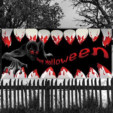 Bannière d Halloween, bannière de décoration de citrouille, dents de sang d horreur tachées de sang d Halloween atmosphère festive drapeau suspendu décoratif 180 × 110 CM (1/4)