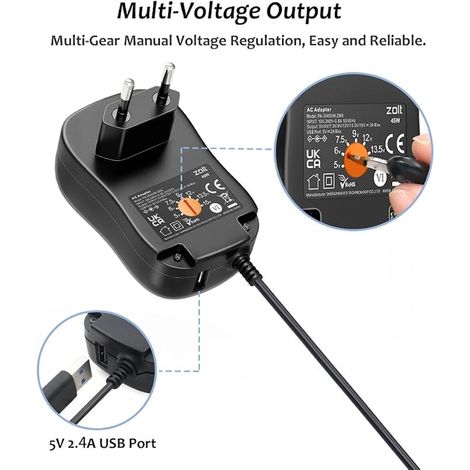 45W Adaptateur Secteur Universel AC DC 5V 6V 7.5V 9V 12V 13.5V 15V 3A Alimentation Adaptateur Multi-Tension avec Port USB 2A et Fiches CC, Max. (1/2)