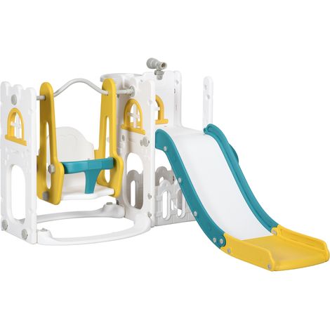 6-in-1 Swing Slide Set, Kids Playground with Basketball Hoop, Telescope, Storage Space - Yellow (1/5)