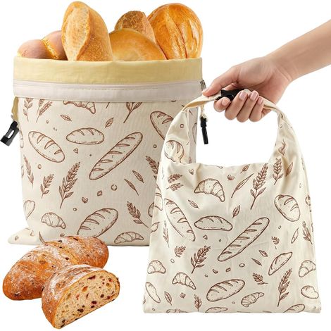 Set mit 2 großen, wiederverwendbaren Bienenwachs-Brotbeuteln – 43 x 33 cm – aus Baumwolle – mit Reißverschluss und Schnalle – für selbstgebackenes Brot und Gebäck (1/5)