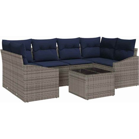 Sofa Set with Cushion 7 pcs Grey and Navy Poly Rattan vidaXL (1/5)