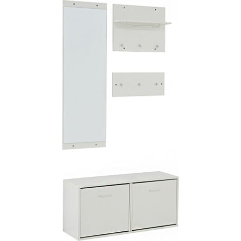 903041,5cm 4-teilige Garderobe mit Spiegel, 2 Garderobenständern und Schuhschrank. Flurgarderobe, Kleiderbügelset, Flurgarderobenset, Kompaktgarderobe mit 6 Kleiderhaken, weiß