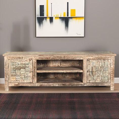 Grand meuble TV en bois recyclé coloré blanchi 190cm LILA - 190x40x60 cm - Kayu Meuble