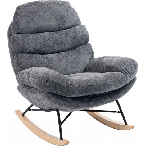 Fauteuil à bascule en chenille, assise en tailleur, coussins double épaisseur, dossier moelleux, piètement en hévéa, gris foncé (1/5)