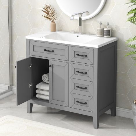 Juego de tocador de 36 pulgadas con lavabo, mueble de baño con cajones, estructura de madera maciza y MDF, gris (1/5)