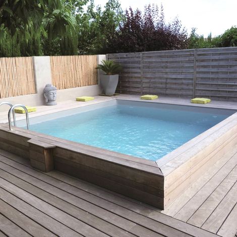 Piscine bois WATERCLIP carrée 370x370x147 cm EGINE – 17m³ – filtration incluse – skimmer alu éclairage