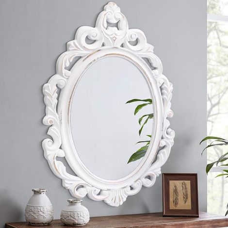 Miroir Mural Ovale rétro Miroir Mural en Bois Suspendu Traditionnel Miroir décoration Salle de Bain Chambre Salon entrée décoration 60x40cm Blanc (1/5)