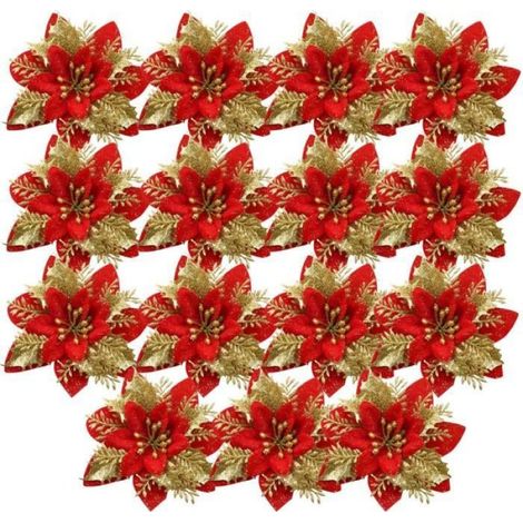 Fleur De Poinsettia - Décoration De Noël Artificielle - 14x14 Cm - Flexible Et Incassable - 15 Pièces (1/4)