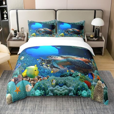 Housse de couette 100 % coton naturel - Motif tortue de mer, tortue 3D - Océan - 135 x 200 cm - Oasis sous-marine - Housse de couette - Poisson reptile - Marine Hawaï (1/5)