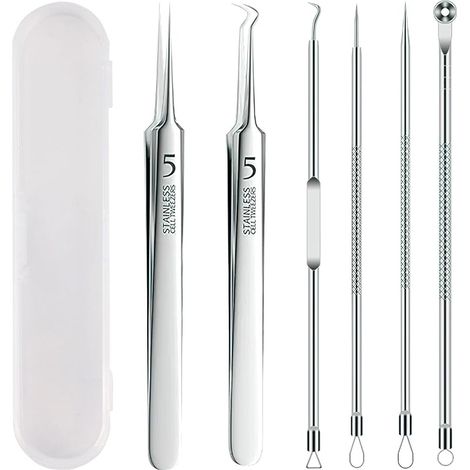 6 Pièces Extracteur point Noir, Tire Comedon Point Noir avec Boîte Transparente, Acier Inoxydable Blackhead Remover Outilour pour Points Noirs Acné Milia et Autres Impuretés de la Peau(Argent) (1/5)