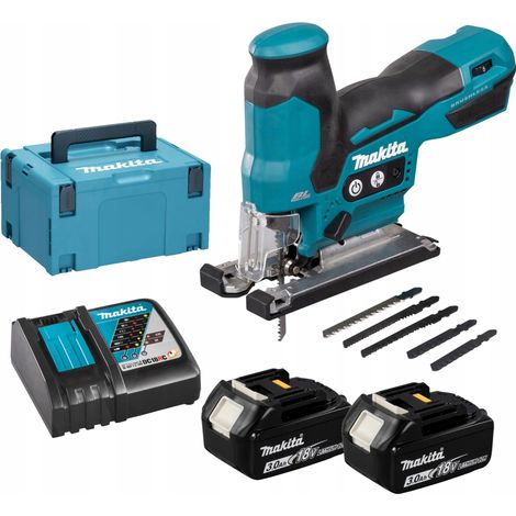 Seghetto alternativo a batteria Makita 18V DJV185RFJ con 2 batterie da 3,0Ah, motore brushless e valigetta Makpac per tagli precisi su legno e metallo.