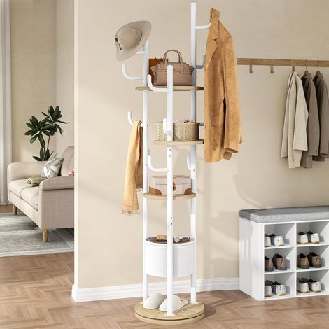 Porte Manteau, Portemanteau Rotatif avec Plan D'Étage Décalé 4 Niveaux et 11 Hameçons en Forme de L Pour, Porte Manteau sur Pieds avec 1 Panier, Pour Chambre, Couloir, Blanc (1/5)
