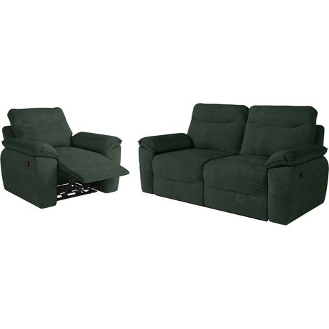 PACK - Canapé de relaxation ROSS manuel 3 places et fauteuil en velours côtelé - Vert foncé (1/5)