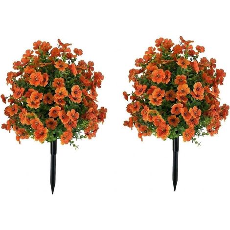 Lot 2 Boules Topiaires Artificielles 60cm avec Fleurs & Piquets, Décor Automne Extérieur UV Résistant,Orange (1/5)