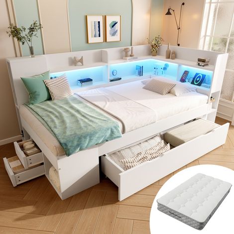 Lit de jour 90x200 cm blanc avec LED, rangements étagères tiroirs, sommier à lattes, station charge USB Type-C, lit adulte enfant fonctionnel (avec matelas) (1/5)