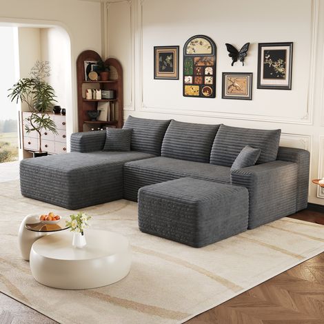 Canapé d’angle 241 cm gris foncé, en velours côtelé à rayures, confortable et prêt à l’emploi (1/5)