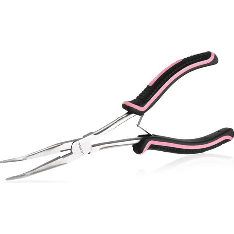 Pince à Bec Long Courbé Mâchoires Crantées avec Coupe Fil, Longue Portée, Pour Bijouterie, Formage et Coupe de Fil, Outil de Pêche, Manche Anti-dérapant Rose et Noir (1/5)